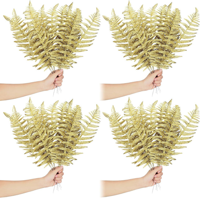 Xinnun Christmas Glitter Leaves Artificial Tropical Leaf Christmas Tree Sprays Glitter Leaf Garland Flashing Christmas Picks DIY Bouquet Stem Floral Branches for Wedding Xmas Wreath (Gold,48 Pcs)