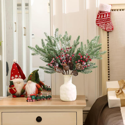 SHACOS 6pcs 16" Pine Stems Christmas Flocked Pine Branches Red Berries Pine Cone Artifical Pine Branches Snow Frosted Large Greenery Stems for Vases Xmas s Christmas Decoration Holiday Home Decor