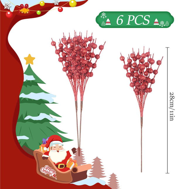 YIYA 6 Pack Red Artificial Glitter Berry Stems Fake Christmas Picks Decorative Plastic Berries for Christmas Tree Decor DIY Crafts Decoration Holiday Home Decor（11"）