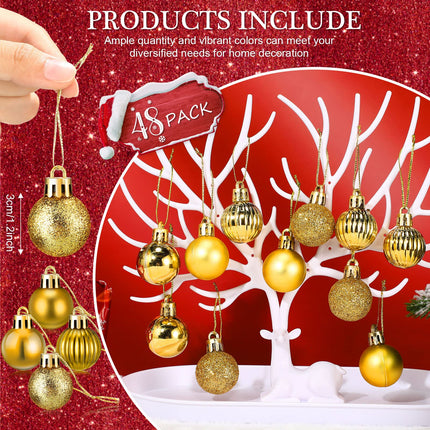Sumind 48 Pieces Christmas Mini Balls Ornaments 1.2 Inch Miniature Glitter Balls Xmas Tree Small Hanging Decorations Pendants for Holiday Party Wedding Home DIY Craft Decor(Classic Style,Gold)