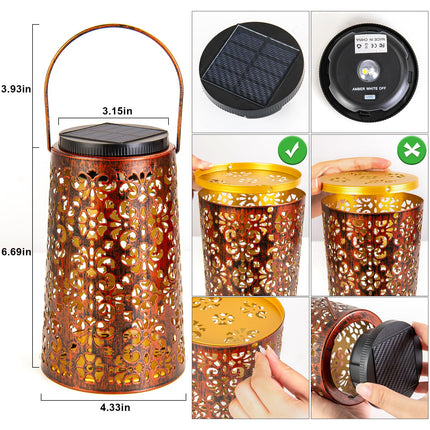Solar Lantern - Hanging Solar Lights Outdoor Waterproof, Metal Lantern Decorative Solar Powered Patio Decor for Garden Yard Backyard Porch Table Pathway Tree Lighting, Cool/Warm Light, 2 Pack