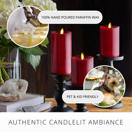 Luminara Realistic Artificial Moving Flame Pillar Candles - Set of 3 - Melted Top Edge, LED Battery Operated Lights - Unscented - Remote Included- 3" x 4.5", 3" x 5.5", 3" x 6.5" (Burgundy)