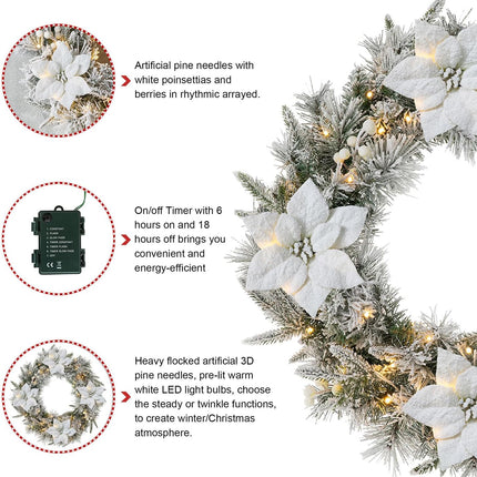 Glitzhome 24" D Pre-Lit Snow Flocked Greenery Pine Poinsettia Christmas Wreath, with 50 Warm White Lights with Timer