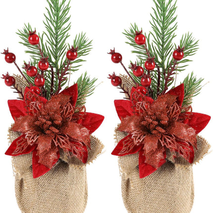 U'Artlines 2Pcs Artificial Christmas Tabletop Decorations, 12.6 Inch Mini Artificial Christmas Tree with Poinsettia Flower Red Berry Pine Branch for Home Table Xmas Party Decoration