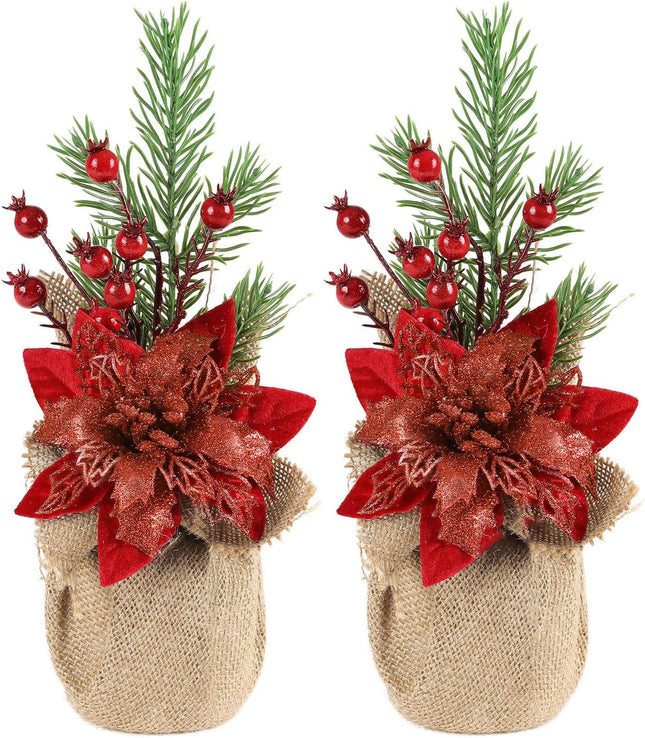 U'Artlines 2Pcs Artificial Christmas Tabletop Decorations, 12.6 Inch Mini Artificial Christmas Tree with Poinsettia Flower Red Berry Pine Branch for Home Table Xmas Party Decoration