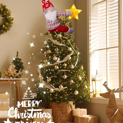 Christmas Tree Topper Gnome Decorations with Lights, 21.7 Inches Handmade Embrace Christmas Tree Gnome with Lighted Star, Christmas Home Decor Curtain Tie Wine Bottle Decoration