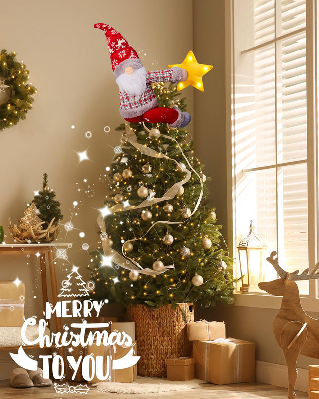 Christmas Tree Topper Gnome Decorations with Lights, 21.7 Inches Handmade Embrace Christmas Tree Gnome with Lighted Star, Christmas Home Decor Curtain Tie Wine Bottle Decoration