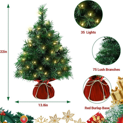 Tabletop Mini Christmas Tree 22 Inch - Mini Artificial Christmas Tree with 35 Warm White Lights, 75 Branch Tips & Red Cloth Bag Base, Perfect DIY Christmas Decorations, Green