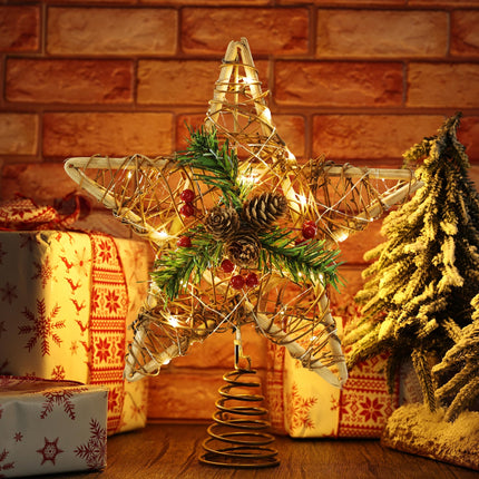 Brizled Christmas Tree Star, 10'' Rattan Christmas Tree Topper with 30 LED Lights, Battery Powered Xmas Treetop with Red Berries & Pine Cones, Christmas Tree Top Ornament for Christmas Tree Home Decor