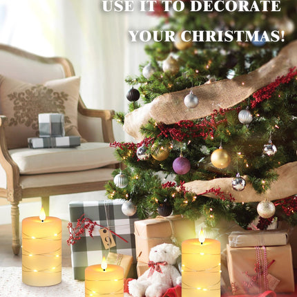 Upinmz Flameless Candle Battery with String of Lights Battery Powered LED Candle Flashing Candle with Remote Control and Timer 3 Packs (Ivory)