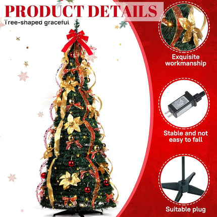 6 ft Christmas Tree Pop up Pre lit Christmas Tree with Lights Artificial Prelit Decorated Holiday Pull up Xmas Tree with Red and Gold Decorations Easy Assembly for Xmas Home Fireplace Decor