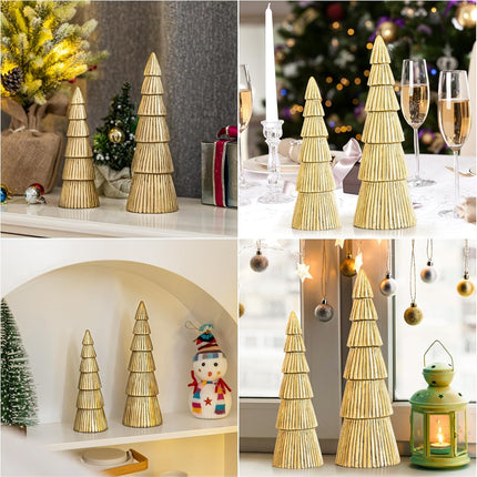 Christmas Tree Figurine, Table Top Small Gold Christmas Decorative Statues, Set of 2 Desk Centerpieces for Neutral Christmas Decor, Modern Mantle Christmas Decorations,
