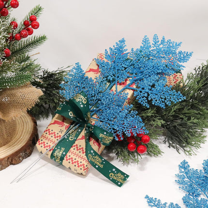 Christmas Artificial Pine Needles Stems 17.3In Glitter Branches Pine Leaves Picks Christmas Tree Filler Branches Fake Floral Twig Stems for DIY Garland Flower Home Wreaths Holiday Winter Decor(Blue)
