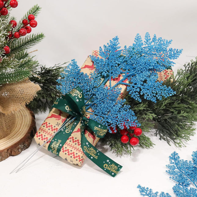 Christmas Artificial Pine Needles Stems 17.3In Glitter Branches Pine Leaves Picks Christmas Tree Filler Branches Fake Floral Twig Stems for DIY Garland Flower Home Wreaths Holiday Winter Decor(Blue)