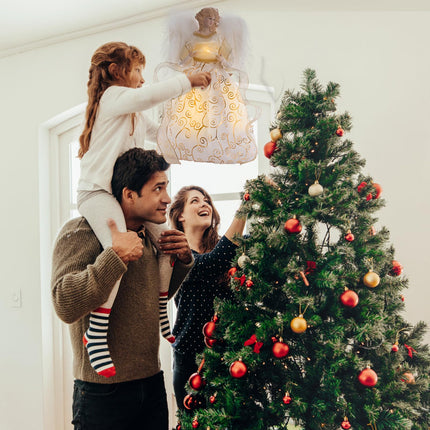 Christmas Angel Tree Topper with LED Light, 14" Angel Treetop Figurine with Dress, Feather Wings, and 10 Lights for Indoor and Outdoor Holiday Decoration, Xmas Home Ornaments - Gold