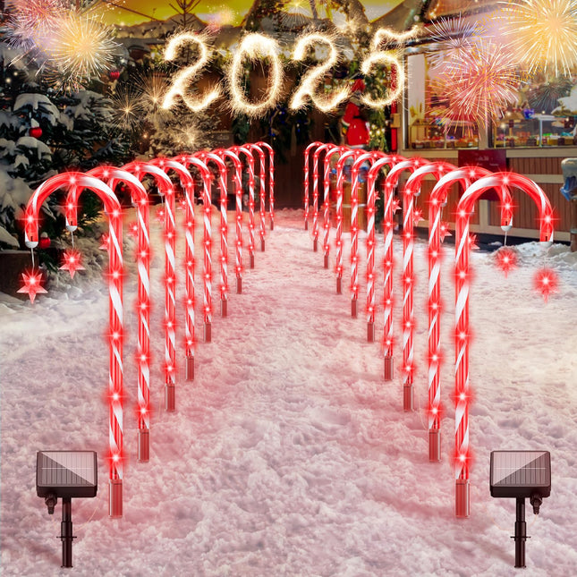 160 Red LED d Solar Candy Cane Lights,20 Pack Christmas Decorations Outdoor, Solar Powered Pathway Lights Outside,8 Modes Landscape Lights Walkway Markers with Stakes for Garden Yard Patio Xmas