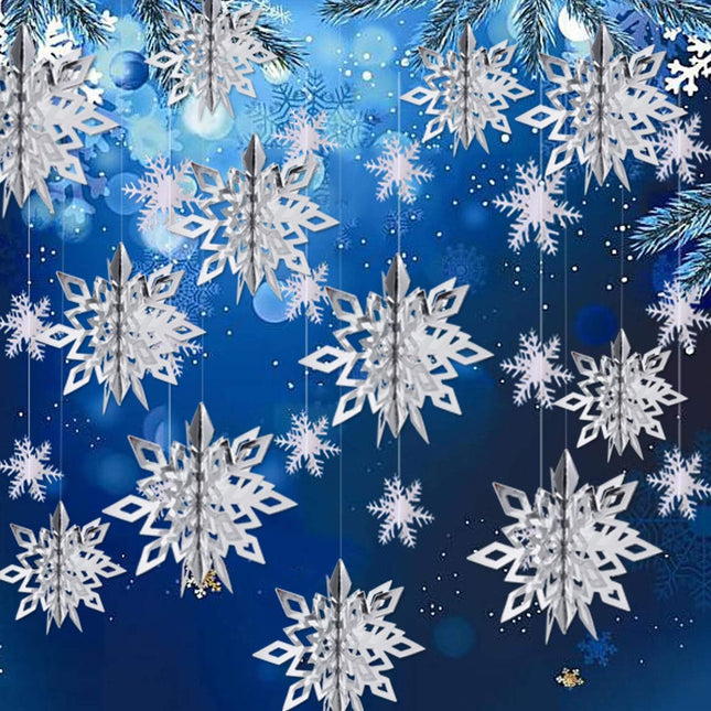 OuMuaMua Winter Christmas Hanging Snowflake Decorations, 12PCS 3D Large Silver Snowflakes & 12PCS White Paper Snowflakes Hanging Garland for Christmas Winter Wonderland Holiday Year Party Home