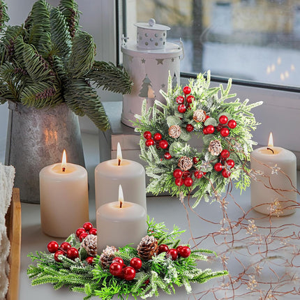 Lyrow 4 Pcs Christmas Candle Rings Wreath Norfolk Pine Garland Red Berry Pinecones Wreaths Artificial Berries Snowy Pine Garland Candle Ring Holder for Christmas Wedding Home Table Centerpiece