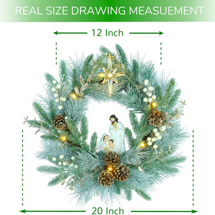 YULETIME 20" Pre-Lit Nativity Wreath, Battery Operated with 10 Fairy Lights, Holy Family Nativity Statue, Star of Bethlehem, Pine Cones, White Mistletoe, Frosted Spruce Branches (Nativity Frosted)