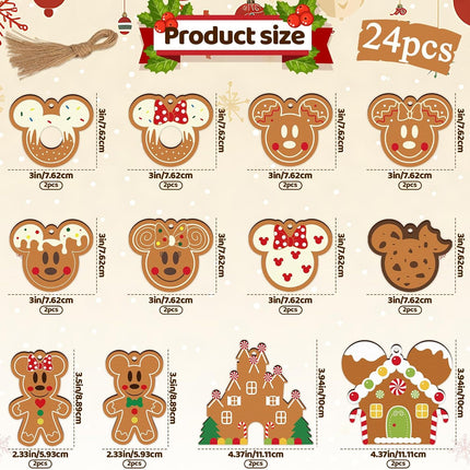 Gingerbread Ornaments for Christmas Tree Decorations, 24pcs Cute Christmas Wooden Gingerbread Man House Mouse Hanging Ornaments for Xmas Home Kitchen Decor Holiday Christmas Tree Party Supplies