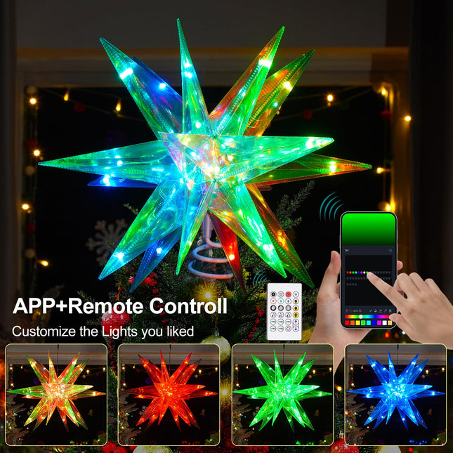 Christmas Star Tree Topper, 13.8" Xmas Smart Tree Decorations, Crystal-Like 3D Polygonal Shell, App Control LED Christmas Light, Music Sync RGB Color Changing with Remote for Indoor and Outdoor Decor