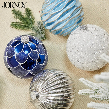 4Pcs Shatterproof Plastic Christmas Ornaments 6 Inch Extra Large Xmas Tree Ornaments Set with Lanyard for X-mas Party Wreath and Garlands Decorations, Silver & Blue