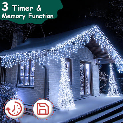 42ft Christmas Icicle Lights, 396 LED Outdoor/Indoor Cool White Fairy Lights with 8Modes, Plug-in Waterproof String Lights for Holiday, Wedding, Garden Decorations