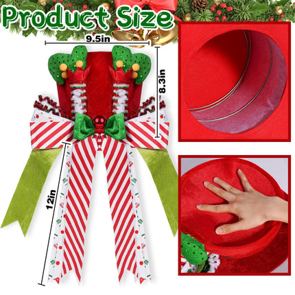 Christmas Tree Hat Topper, Red Velvet Top Hat with Elf Legs and Red & White Stripes Bow Ribbon Ornament, Whimsical Tree Topper Xmas Tree Decor Winter Holidays Home Decorations