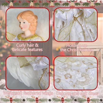 HMASYO Christmas Tree Topper Angel with Timer Lights, 12" Lighted Angel Tree Toppers with White Feather Wings and Star Light, Angel Tree Toppers Christmas Tree Top Decorations Xmas
