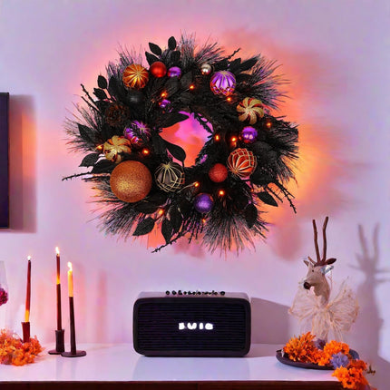 20 Inches Black Christmas Wreath Halloween Wreath Handmade Black Wreath for Front Door Porch Mantel Fireplace Window Wall Indoor Outdoor Halloween Christmas Winter Birthday Decor