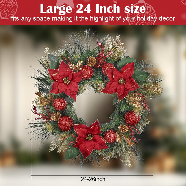 Christmas Wreath for Front Door 24 Inch Artificial Christmas Wreath with Pine Needles, Pinecones, Gold Decorations Accents for Indoor/Outdoor Wall Windows,Christmas Thanksgiving Decorations