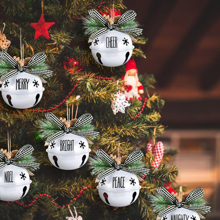 Aoriher 9 Pcs Christmas Bells Ornament 3.1" Rustic Christmas Jingle Bell Sleigh Letter Bells with Pine Cones Plaid Bow for Decoration DIY Holiday Door Window Tree Wreath Garland Party Supplies(White)