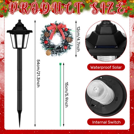 VIHOSE 4 Pcs 21.3 Inch Christmas Solar Pathway Lights Outdoor Waterproof Solar Christmas Street Lights with Ribbon Accessories Solar Outdoor Lights for Yard Pathway Walkway Holiday Decor(Wreath)
