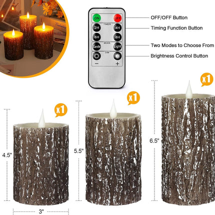 AKU TONPA Pine Bark Effect Flameless Candles Battery Operated Pillar Real Wax Flickering Electric LED Candle Sets with Remote Control Cycling 24 Hours Timer, 3" x 4" 5" 6" Pack of 3