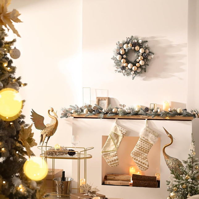 Valery Madelyn 9 feet Pre-Lit Christmas Garland with Lights for Mantle, Lighted Battery Operated Xmas Garland with White Gold Ball for Front Door Fireplace Table Centerpiece Outdoor Window Home Decor