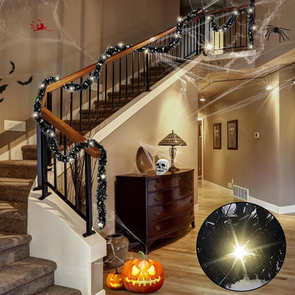 TURNMEON 30 Ft Christmas Tinsel Garland 30 Ft 100 Warm White Lights Thick and Thin Metallic Streamers Foil Tinsel Twist Black Garland Christmas Tree Decorations Indoor Outdoor Party Supplies