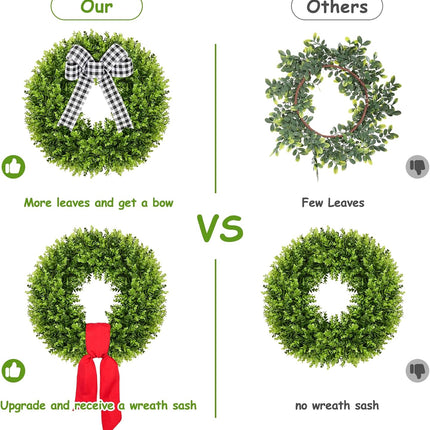 24" Faux Round Boxwood Wreath, Vlorart Artificial Boxwood Wreath Front Door Wreaths Artificial Spring Summer Greenery Hanging with A Plaid Bow and sash for Front Door Wall Hanging Window Wedding Decor