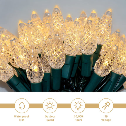 WATERGLIDE C6 Christmas Lights, 33ft 100 LED Faceted String Lights Green Wire Fairy Lights with 29V Safe Adaptor, 8 Lighting Mode, Waterproof for Indoor Outdoor Patio Xmas Tree Party Decor, Warm White