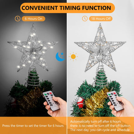 Verdenu Christmas Star Tree Topper, 40 LED Christmas Star Tree Topper Lighted Battery Operated, Flower Treetop Ornament with Remote Controlled for Indoor Xmas Year Holiday Tree Decoration (Sliver)