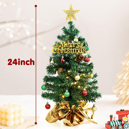24Inch Small Christmas Tree with Lights, Tabletop Mini Christmas Tree Prelit for Office Table Decor, Small Xmas Tree with 50 Warm LED Lights (Gree)