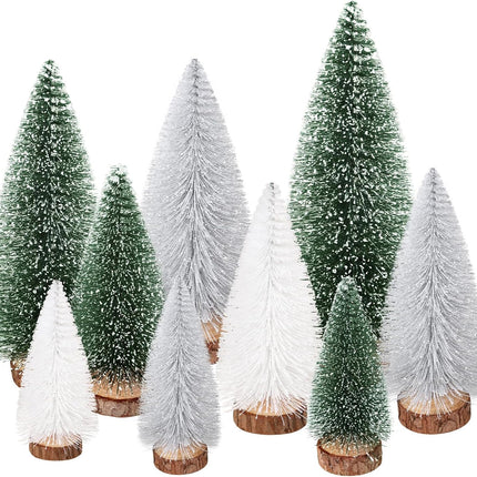 9Pcs Mini Christmas Tree, Bottle Brush Christmas Trees Wooden Base Table Decor with 4 Sizes, Artificial Tabletop Christmas Tree Indoor Village Decor Xmas Decorations(Green+Sliver+White)