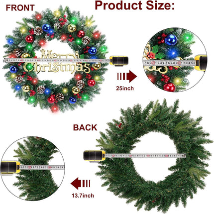 24 Inch Christmas Wreath with 50 LED Lights, Artificial Christmas Wreath for Front Door with Pine Cones Berry 8 Modes Battery Operated Christmas Wreath for Windows Fireplace Outdoor Xmas Decor