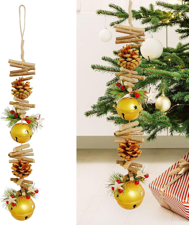 23.6 Inches Christmas Pinecone and Bell Hanging Garland Decoration, Rustic Wood Stick and Pine Leaf Garland with Bells, Holiday Ornament for Door Wall Fireplace, Indoor Outdoor Xmas Decor (Gold)