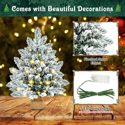 Small Christmas Tree, 20 inch Artificial Mini Christmas Tree with Lights, Snow Flocked Xmas Tree with Burlap Base, Table Top Desktop Christmas Tree for Home Office Christmas Holiday Decorations,Silver