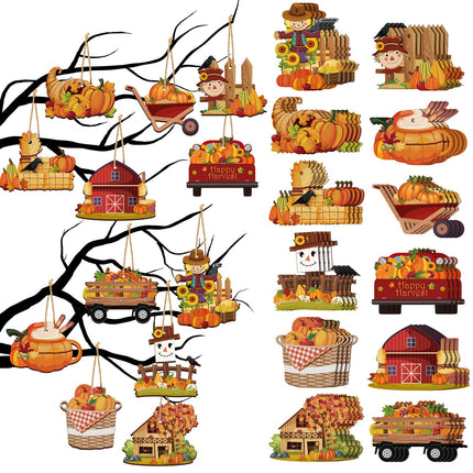 48 Pcs Fall Wooden Tree Ornaments Pumpkin Scarecrow Fall Mix Cutouts Carriage Haystack Thanksgiving Maple Leaves Wooden Decorations Autumn Hanging Signs for Halloween Party Tree