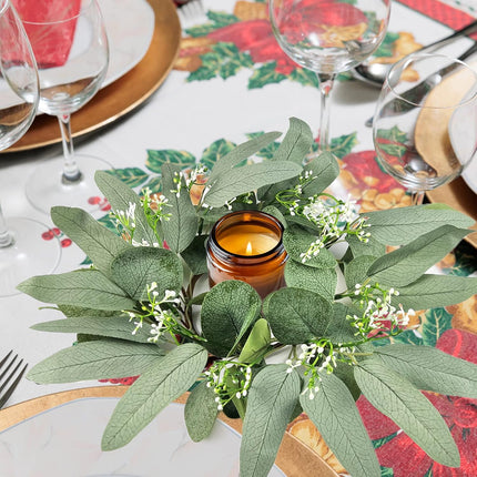 2Pcs Candle Rings, Artificial Eucalyptus Leaves Candle Wreaths for Pillar, Greenery Willow Leaves Gypsophila Candle Wreath for Wedding Centerpieces Home Party Table Decor (Green)