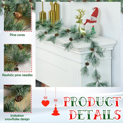 Hotop 9 ft Christmas Smokey Pine Garland Winter Snow Pine Cones Garland Green Artificial Greenery Garland for Table, Mantle, Wall, Indoor, Outdoor Christmas Decorations