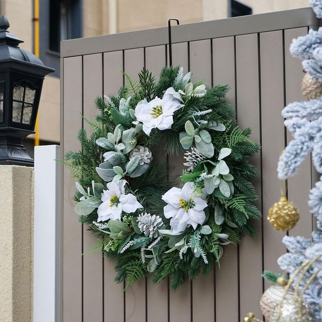 Christmas Wreaths for Front Door, Soomeir White Winter Door Wreath with Pine Cones and Flowers, for Indoors Outdoor Window Wall Farmhouse Home Decorations Decor Ornaments