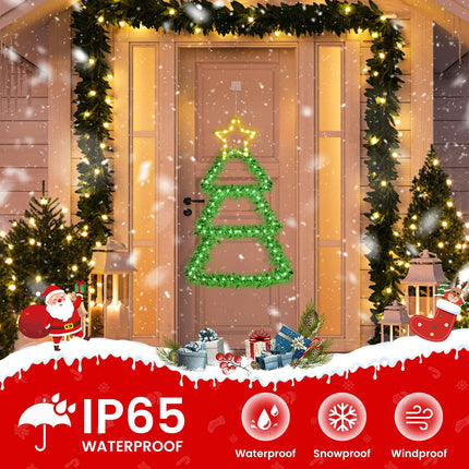 LED Christmas Decorations Lights, Green Lighted Christmas Tree with Silver Tinsel and Warm White Star Topper, Battery Operated Hanging Lights for Indoor Outdoor, Window Wall Door Home Decor