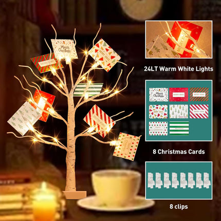 PEIDUO Christmas Decorations, 22 Inch Card Tree Holder with 8 Clips and 8 Christmas Cards, Lighted Tabletop Money Tree, for Christmas,Birthday Wedding,Battery Powered, 6H/18H Timer (White)
